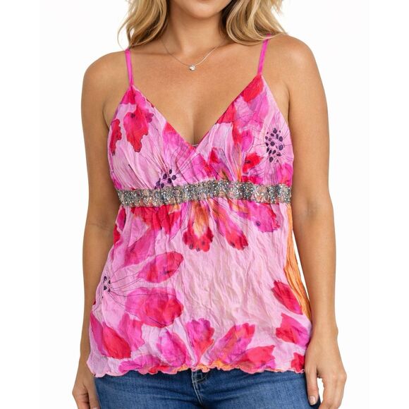 Hale Bob Tops - Hale Bob Silk Beaded Floral Cami Top Pink Orange Women’s M NEW